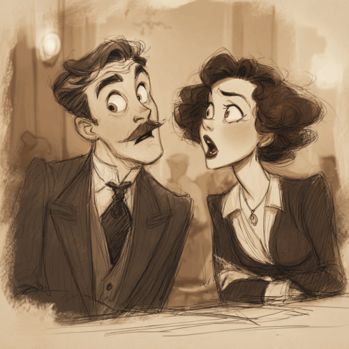 cartoon like illustration drawing of a 1920s couple almost looking like their in an argument. She wants more, he looks sheepish. 