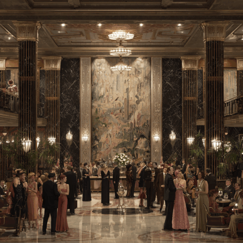 picture of a grand 1920s art deco lobby for book review of under the grand hotel vintage book review