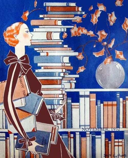 30s 40s woman with books graphic in shades of brown blue and beige