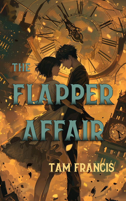 Illustrated couple that looks almost anime in vintage clothing in a whirl of chaos with a clock in the background and several elements breaking apart, golden yellow background with teal accents