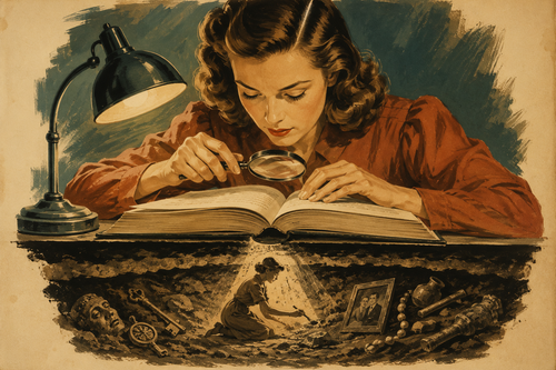 1940s woman looking over a book using a magnifying glass, under the table is a woman digging and finding treasures like keys, old photo, necklace