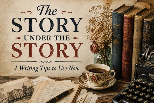 Story Under the Story 4 Tips graphic of old books, dried flowers a tea cup and a vintage typewriter