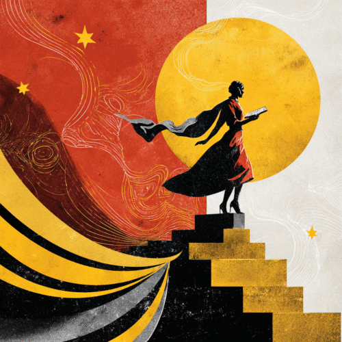 Dramatic woman standting atop a staircase holding a book. A scarf flowing behind her, all done in graphic yellow, red, and black 