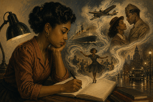 1940s blakk woman writing in book and worrying about service member boyfriend with a WWII jet in a thought mist a 40s cara, her dancing, them almost kissing