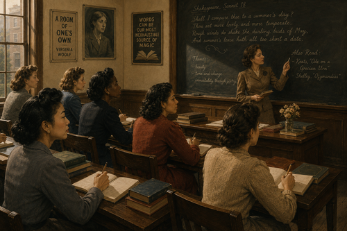 graphic for story under the story with 1940s women in a classroom various ethnicities for writing craft book recommendations
