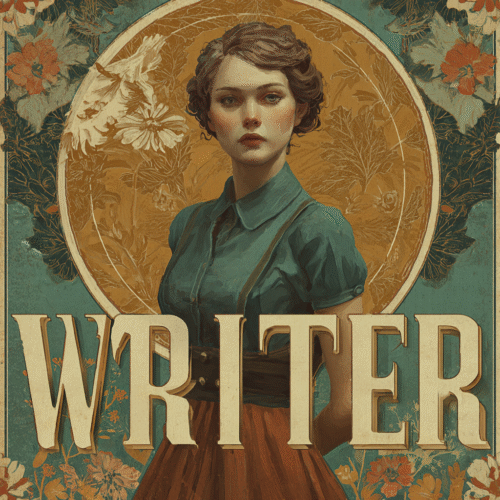 A 1940s looking woman in a blue top with puff sleeves, aline tan skirt with a medallian behind her and flowers with the words WRITER scrolled across the bottom of picture, vintage vibes