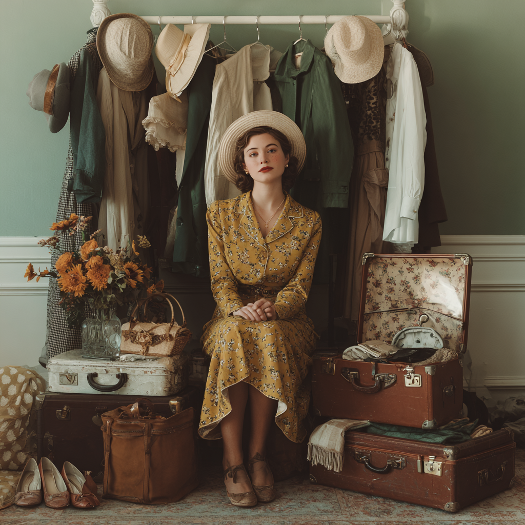 vintage 1930s 1940s woman in front of rack with hats and clothes surrounded by vintage suitcases and flowers