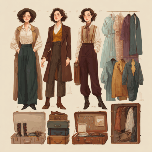 Vintage ladies in different outfits, a rack of clothing, suitcases all vintage 1930s 1940s