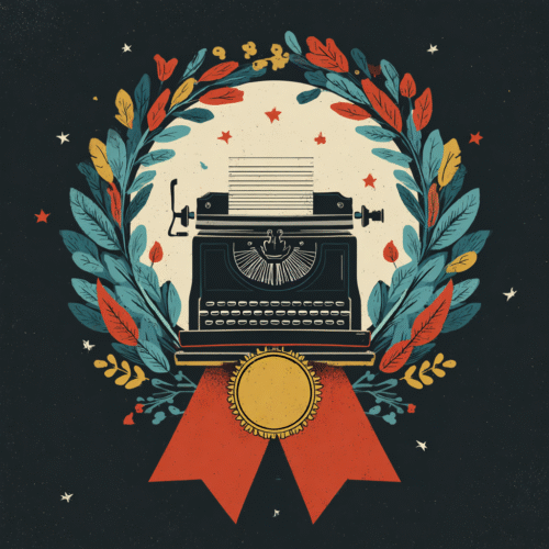 Award winning novel graphic of a vintage type-writer with a seal and riboon surrounded by a color teal, red, and yellow leaf wreath