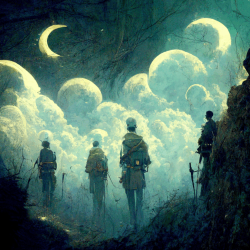 three figures in a dystopian blue landscape with two moon for vintage vibes in dystopia