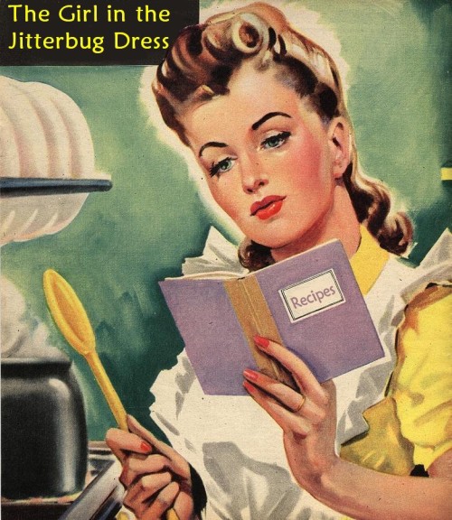 1940s Vintage Woman Cooking Recipe holding small cook book Donna Reed looking illustration