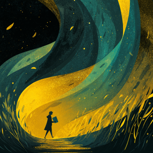Windy swirl of colors dark blue, light blue and yellow with a female figure walking holding a book